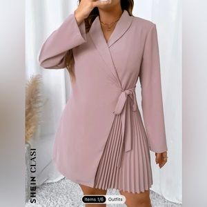 SHEIN Emery Rose Plus Shawl Collar Wrap Knot Side Pleated Hem Dress